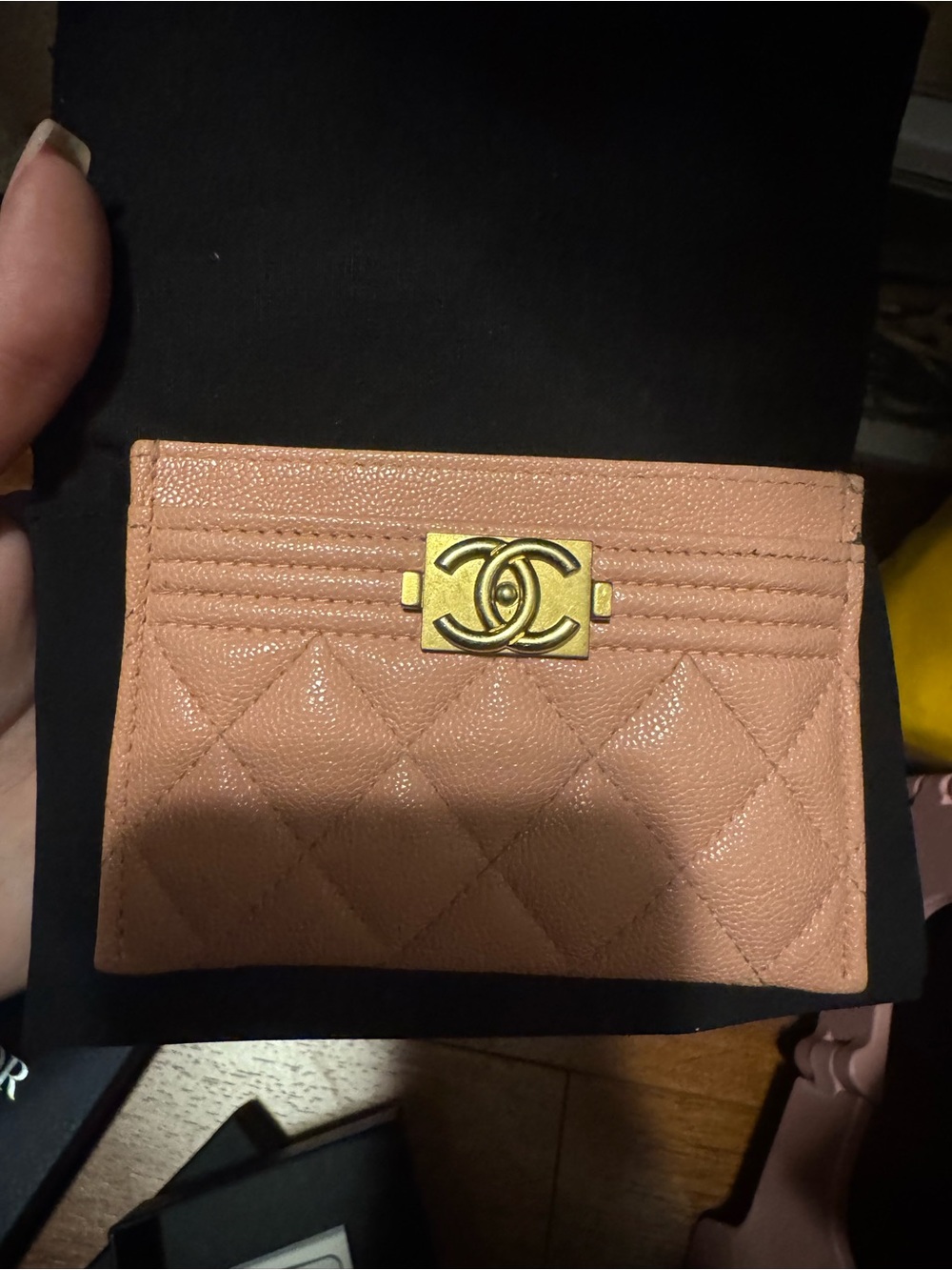 CHANEL pink Quilted Card Holder with Gold CC Plate
